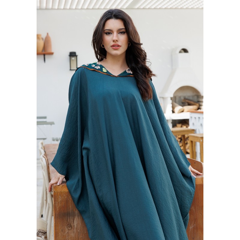 Green Linen Kaftan with Floral Collar