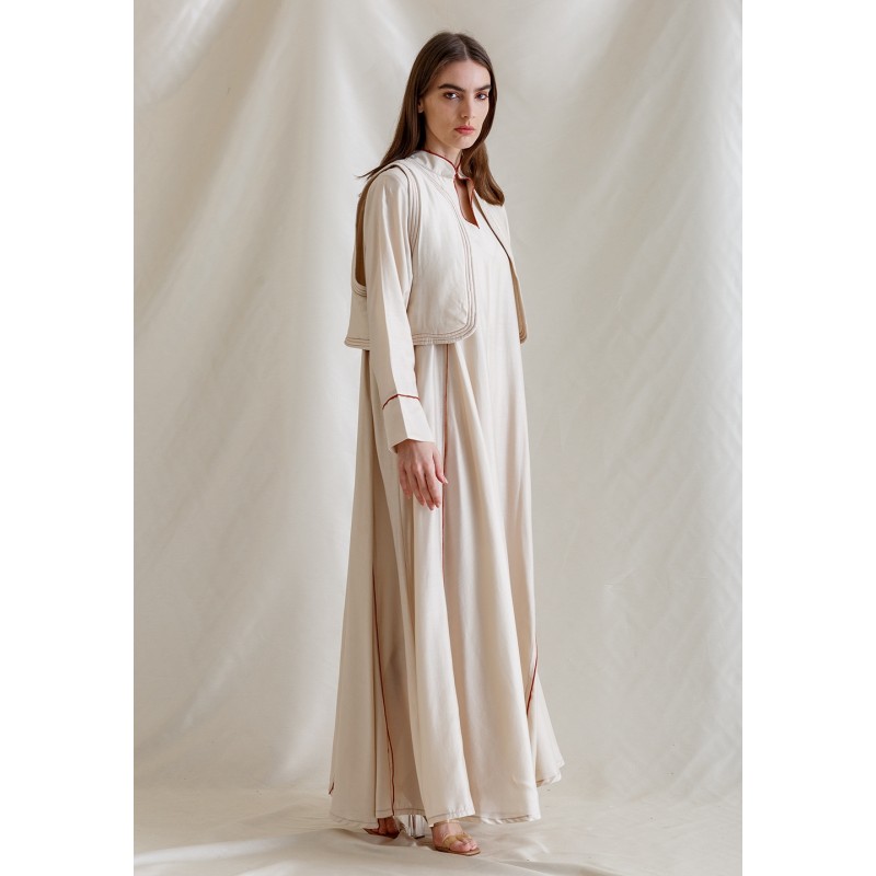 Padded Beige Vest with a Dress and Brick Stitches