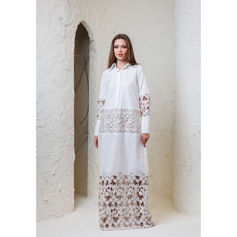 Off White Metallic Embroidered Lace-Up Kaftan