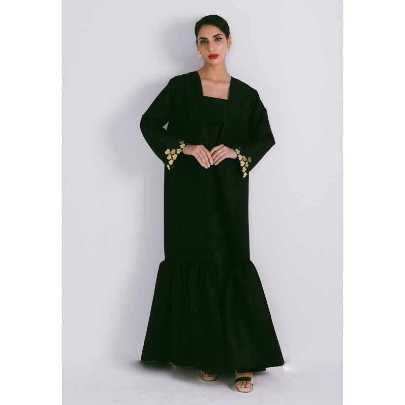After Dark Fitted Sleeve Abaya Embellished with Metal Heart Motifs with  Gathered Hemline