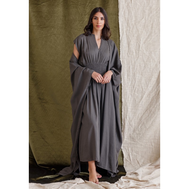 Dark Grey Linen Dress and Bisht Set