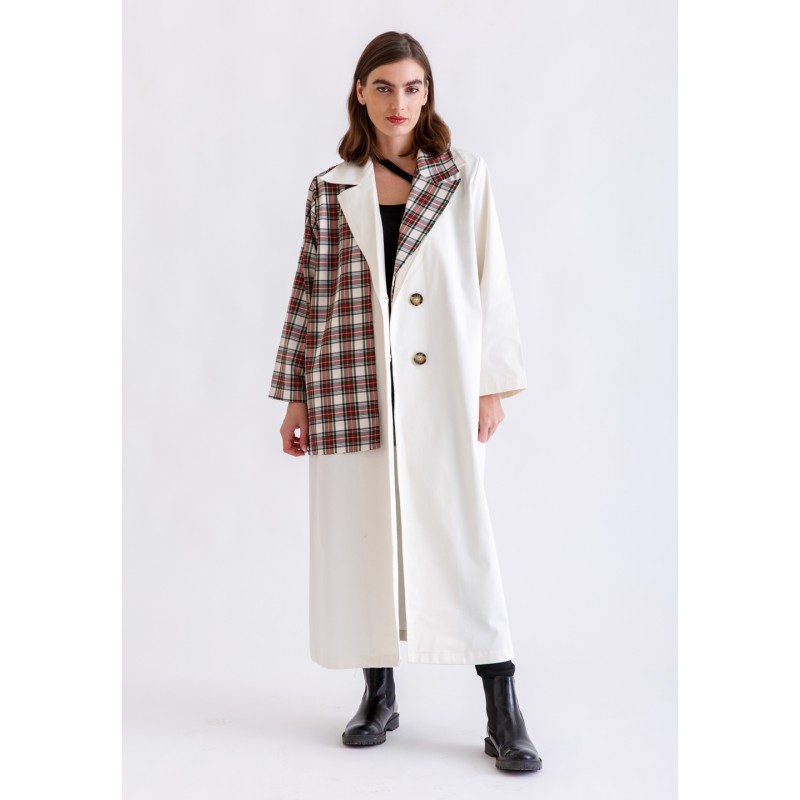 White Trench Coat With Half Checked Blazer