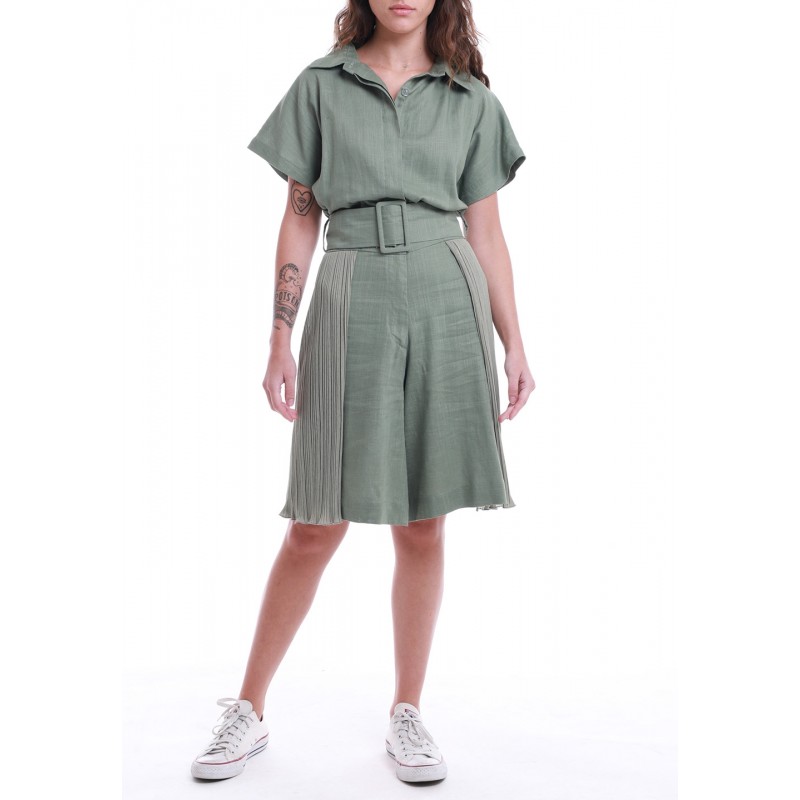 Olive Pleated Belted Knee-Length Jumpsuit