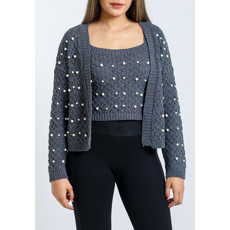 Grey Embellished Cardigan Set