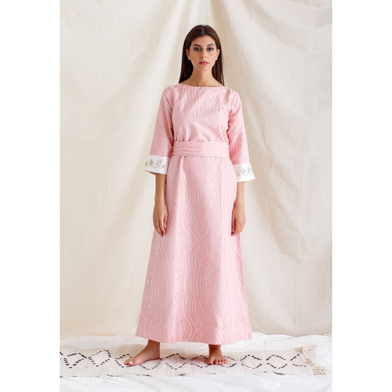 Pink & White Embroidered Belted Kaftan