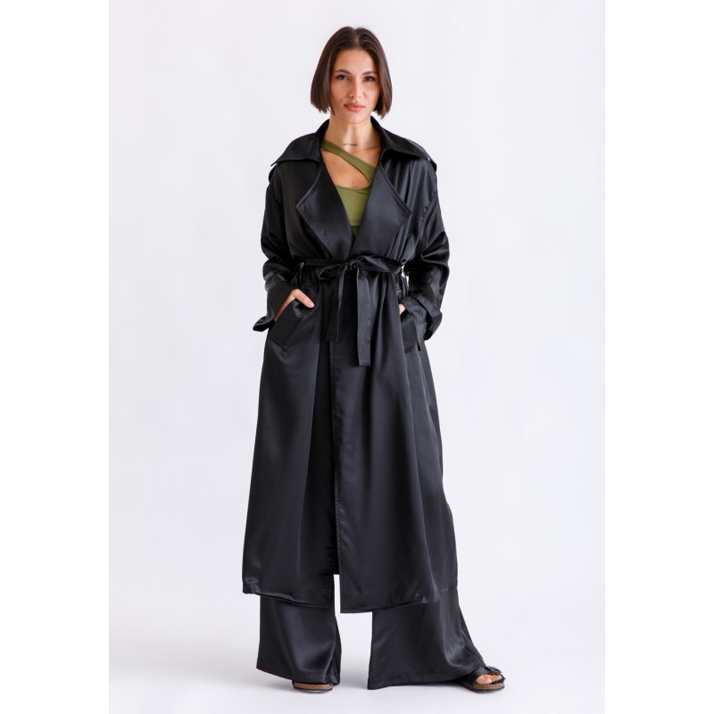 Black Satin Trench Coat Set