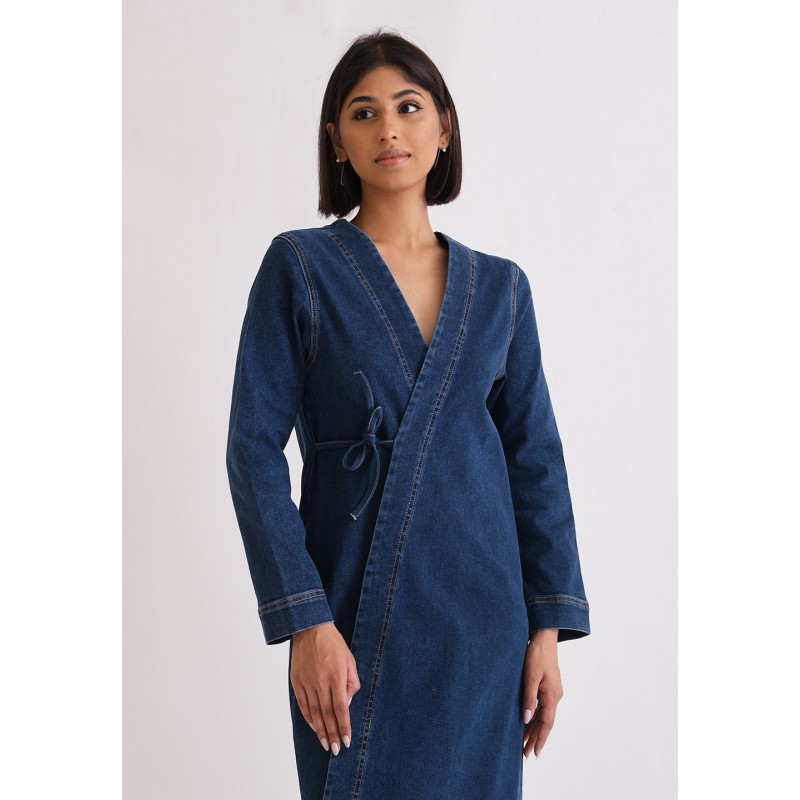 knee length dresses for ladies Short Sleeve Denim Wrap Midi Dress in Blue main image 1