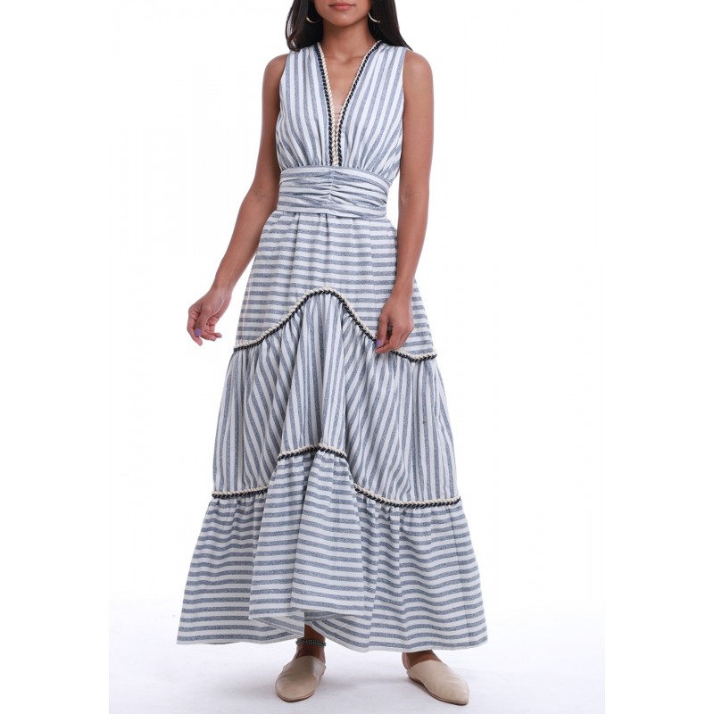 blue canoe dress Classic Striped Print Collared Neck Tiered Maxi Dress-Blue/White – Wight  Elephant Boutique main image 0