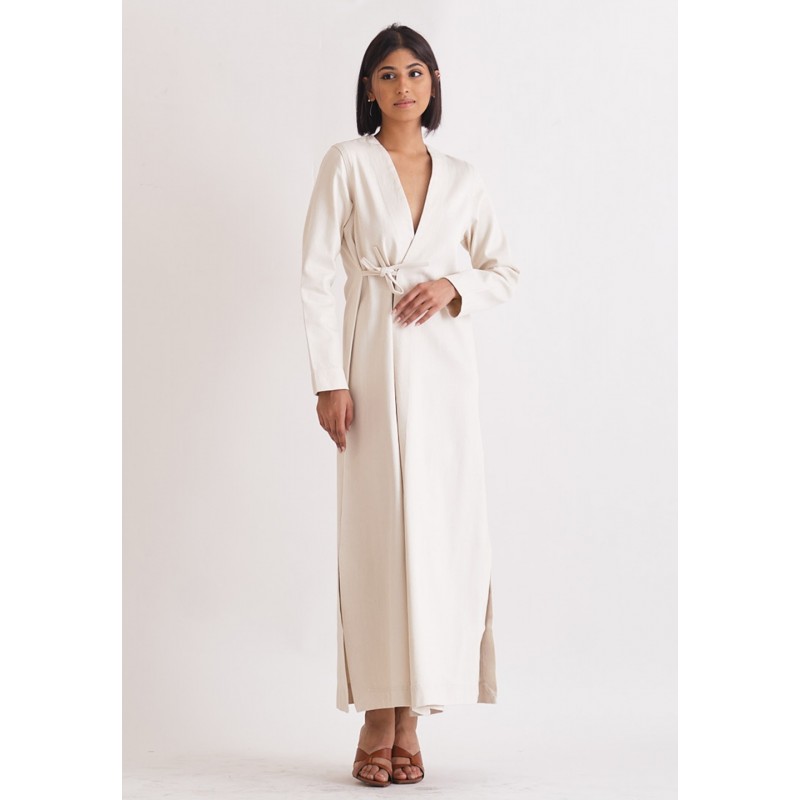 Cream Recycled Denim Wrap Midi Dress