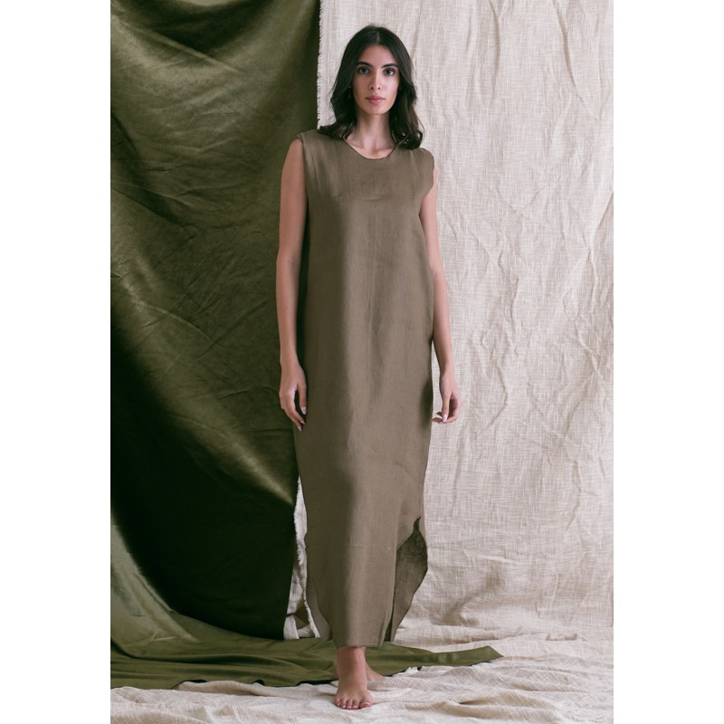 Sleeveless Dress in Lino and Tinto Freddo Olive