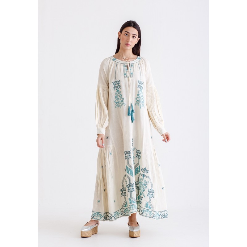 White & Turquoise Embroidered Tunic Dress White & Turquoise Embroidered Tunic Dress