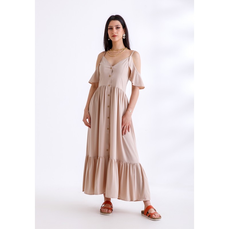 Beige Cold Shoulder Ruffled Dress