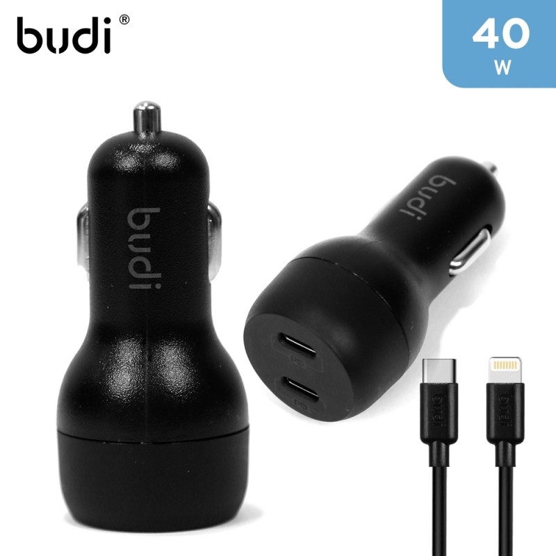 Budi PD 40W Dual Smart Quick Car Charger with USB-C to Lightning