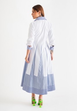 Blue Stripes Sleeves Tied Waist Dress 
