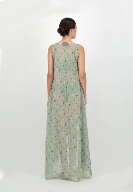 Green Voile Printed leaves Sleeveless Dress with Asymmetric Length