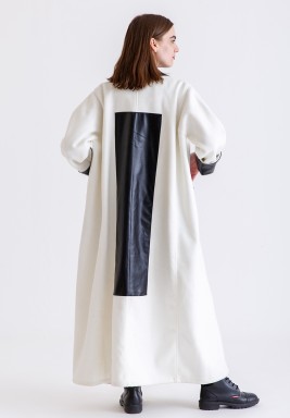 White & Black Bisht With Leather 
