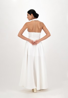 Off White Crepe Dress With Gathered Twisted Waist