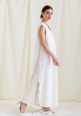 Off-white Sleeveless Dress with Gold Embroidery