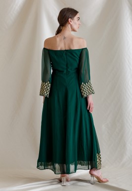 Muhra Green Dress with Gold Embroidery