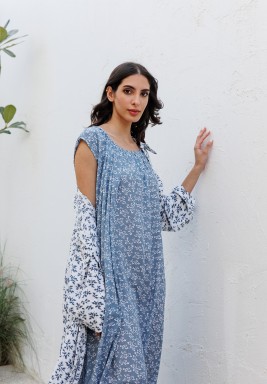 Blue & White Floral Print Jacket and Dress Set