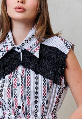 Multicolor Striped Kaftan with Black Fringe