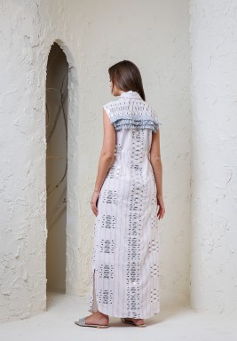 Multicolor Striped and Embroidered Kaftan with Silver Fringe