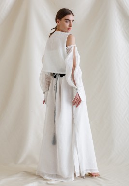 White Off-Shoulders Kaftan with Black Belt & Short Vest