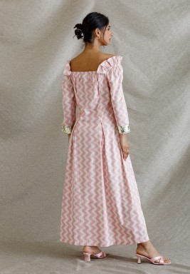 Pink & White Waves Off-Shoulder Dress