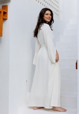 Off-white Linen Wrap Dress with Chiffon Lining