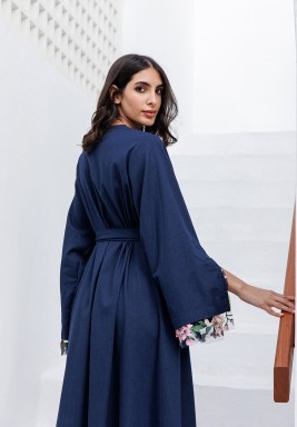 Dark Blue Wrap Dress with Contrast Fabric