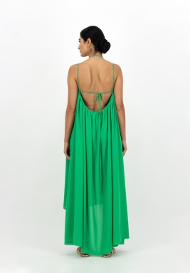 Green Cross Strap Flowy Gathered Backless Georgette Dress 