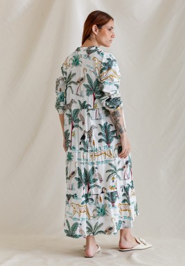 White Printed Kaftan in Green