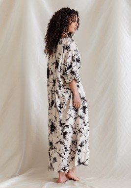 White Kaftan with Black Ink Splash Prints