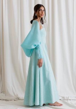 Turquoise Asymmetrical Dress with Buttoned Scarf