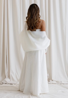 White Asymmetrical Dress with Buttoned Cuffs Scarf 