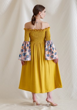 Yellow Elastic Waist Off Shoulder Dress