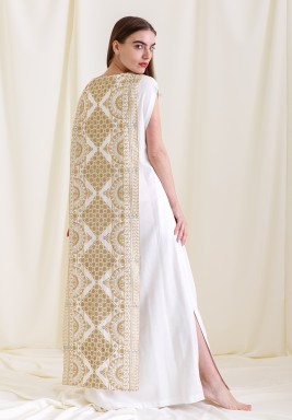 Off-white Linen Dress with Gold Panel Embroidery