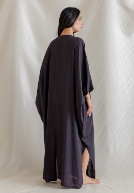 Dark Grey Linen Kaftan with Jacquard Collar