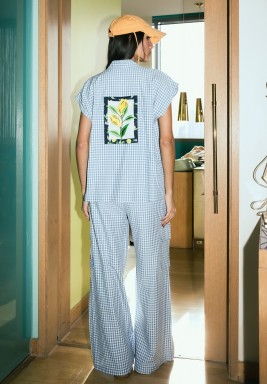 Checkered Top And Pants Set With Back Embroidery