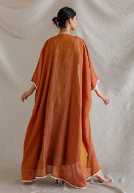 Orange Linen Bisht with Front Silver Flower Embroidery.
