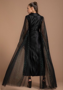 Black Dress with Oversized Tulle Metallic Sleeves 