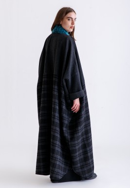 Grey Checked Bisht With Turquoise Fur