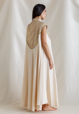 Beige Linen Kaftan with Embroidered Collar