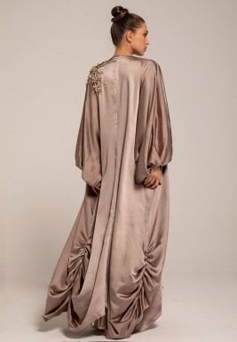 Greige Silk Crepe Bisht with One Embellished  Shoulder 