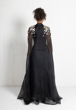 Organza Abaya with Lapel Collar And3d Metallic Embroidery