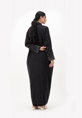 Black & Gold Embroidery Linen Abaya 