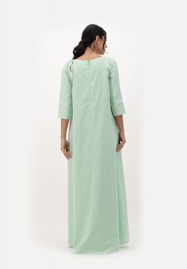 Green Linen 3D Embellished Neck Dress 