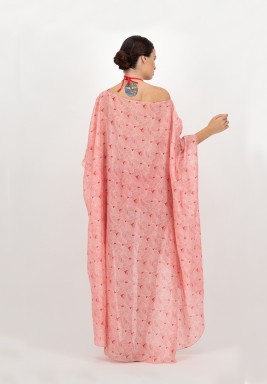 Red Voile Printed leaves Asymmetric Beach Cover up 