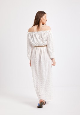 White Off Shoulder Shirred Maxi Dress 