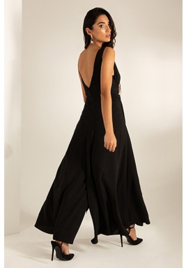 Black Crepe Wide-Legged V-Back Jumpsuit